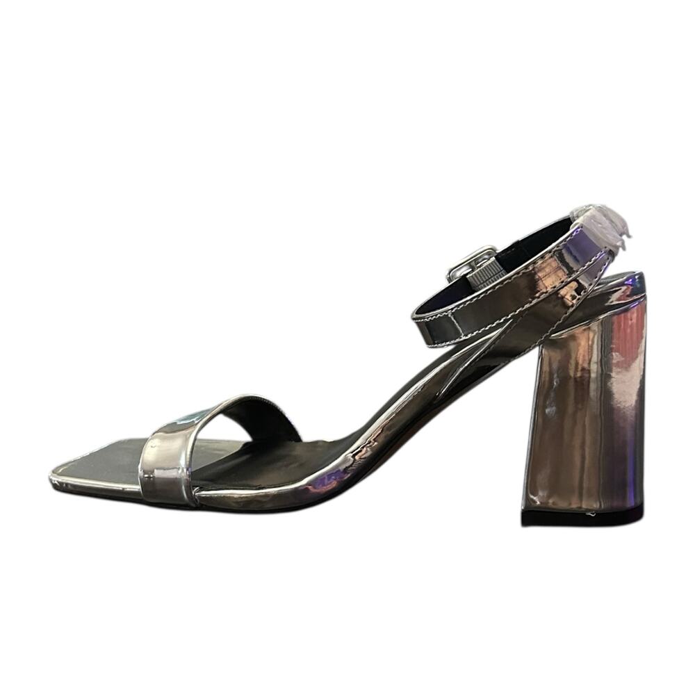 PrettyLittleThing Silver Metallic Thick Strap Block Heel Shoe Glam New Size 9
